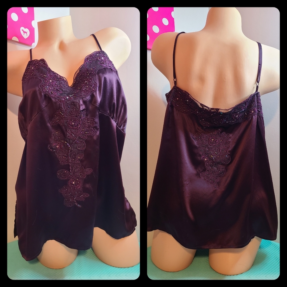 Marina Rinaldi 100% Silk Beaded Embroidered Camisole 1X Plum